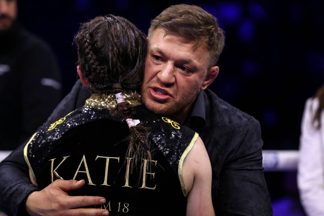 Katie Taylor vs Chantelle Cameron, 3 Arena, Dublin 20 5 2023 Undisputed Super Lightweight Championship Conor McGregor with Katie Taylor after the d...