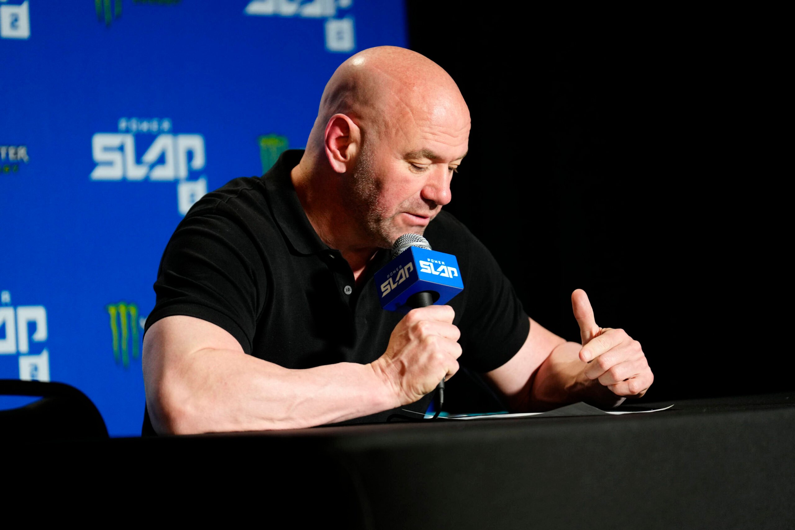 LAS VEGAS, NV - MAY 24: Dana White speaks with the press following the event for Power Slap 2 - Wolverine vs Bell on May 24, 2023, at UFC Apex in L...