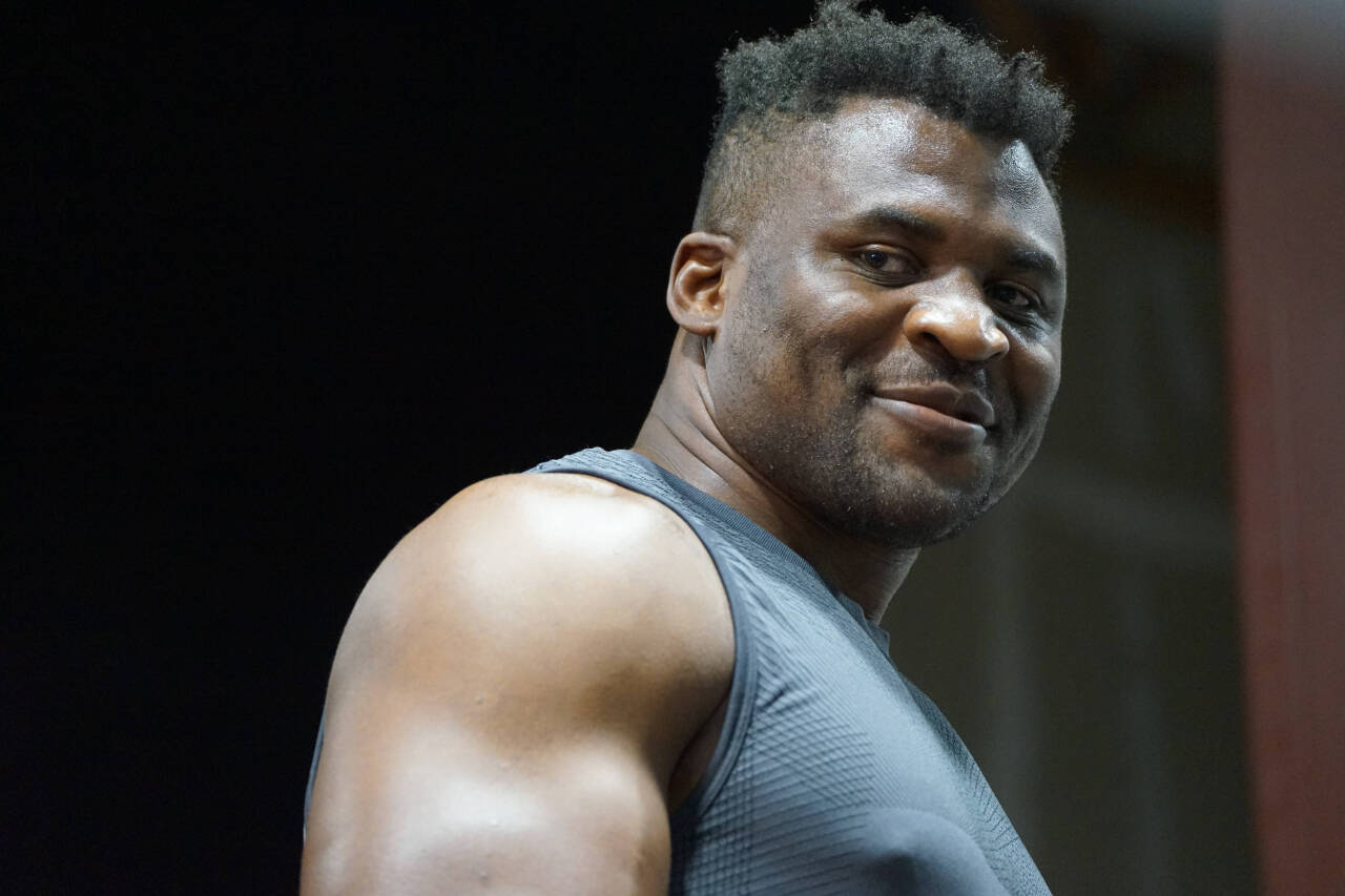 LAS VEGAS, NV - SEPTEMBER 26: Francis Ngannou at the Tyson Fury vs. Francis Ngannou open workout on September 26, 2023, at Ngannou™s private gym in...