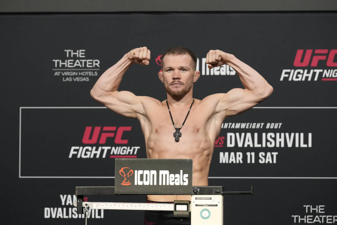 March 10, 2023, Las Vegas, NV, LAS VEGAS, NV, United States: LAS VEGAS, NV - MARCH 10: Petr Yan steps on the scale for the official weigh-ins at UF...