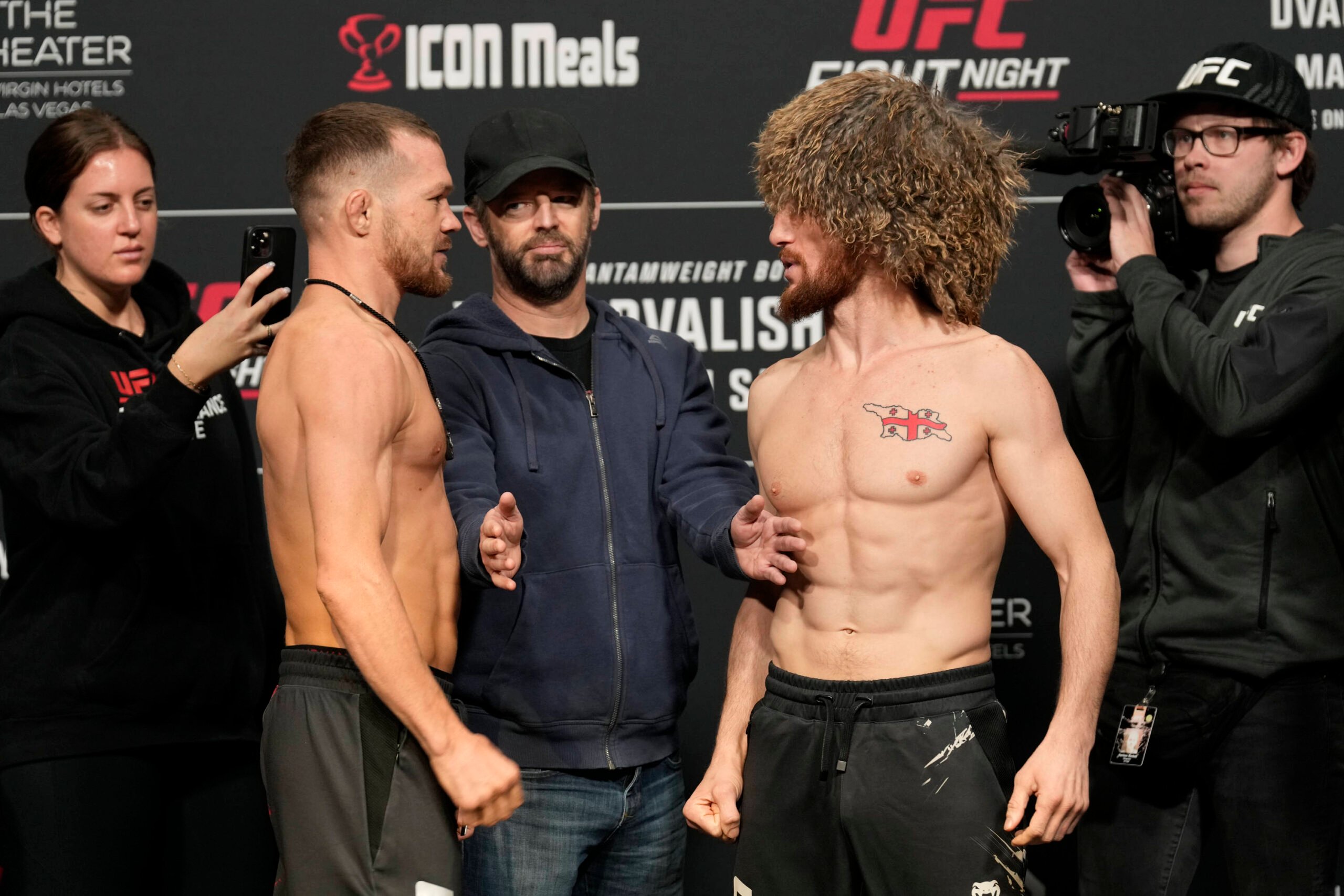 March 10, 2023, Las Vegas, NV, LAS VEGAS, NV, United States: LAS VEGAS, NV - MARCH 10: (L) Petr Yan and Merab Dvalishvili face-off and get into a p...