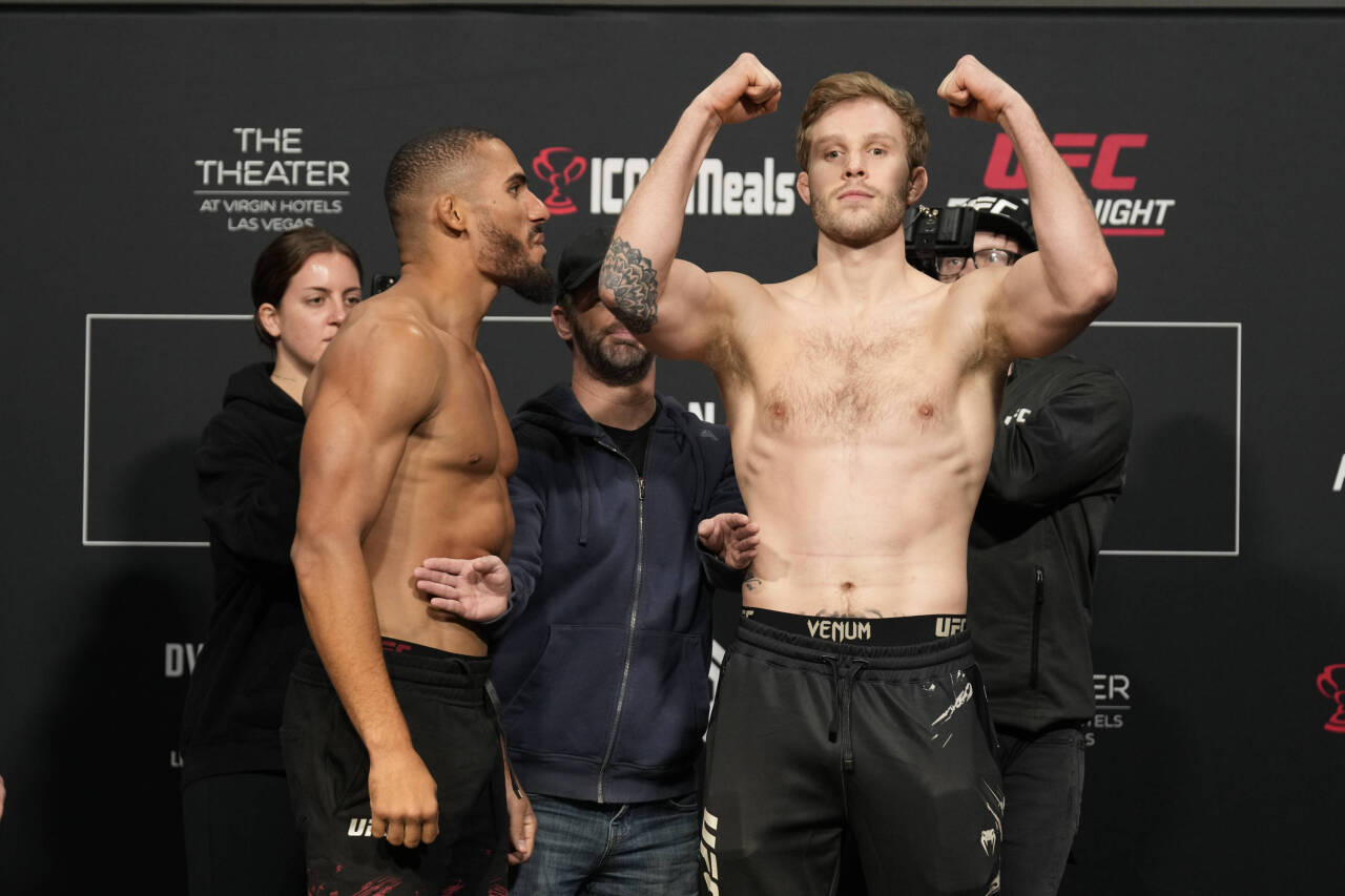 March 10, 2023, Las Vegas, NV, LAS VEGAS, NV, United States: LAS VEGAS, NV - MARCH 10: (L) Vitor Petrino and Anton Turkalj face-off following the o...
