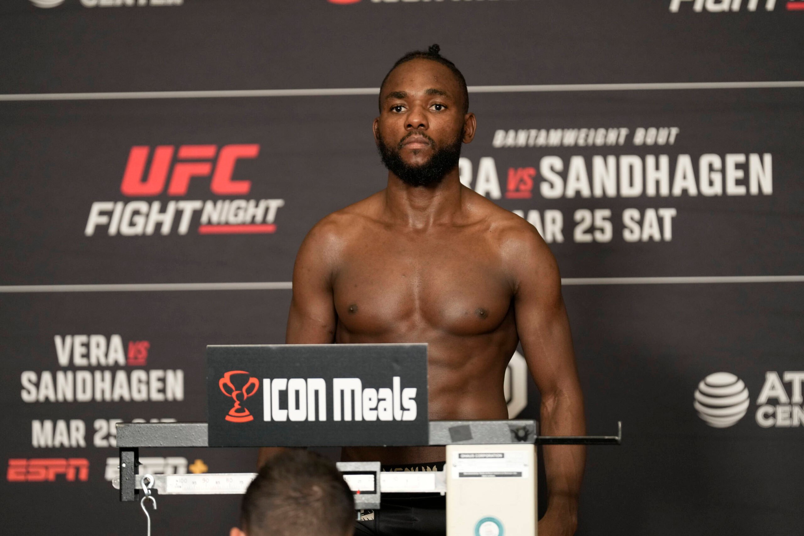 March 24, 2023, SAN ANTONIO, TX, United States: SAN ANTONIO, TX - March 24: Manel Kape steps on the scale for the official weigh-ins at Westin San ...