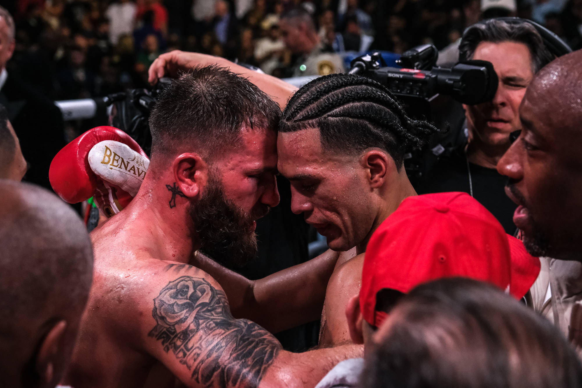 March 25, 2023, Las Vegas, Nevada, USA: After years of bad blood David Benavidez and Caleb Plant in a show of good sportsmanship embrace following ...
