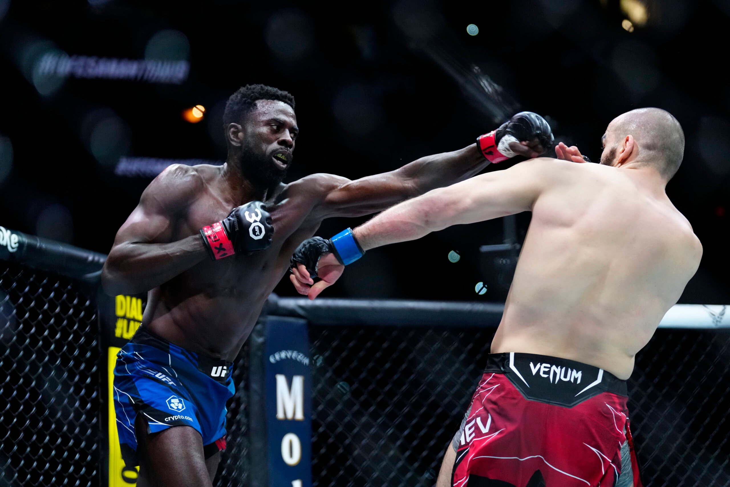March 25, 2023, San Antonio, Texas, San Antonio, Texas, USA: SAN ANTONIO, TEXAS - MARCH 25: (L-R) Chidi Njokuani punches Albert Duraev in their Mid...