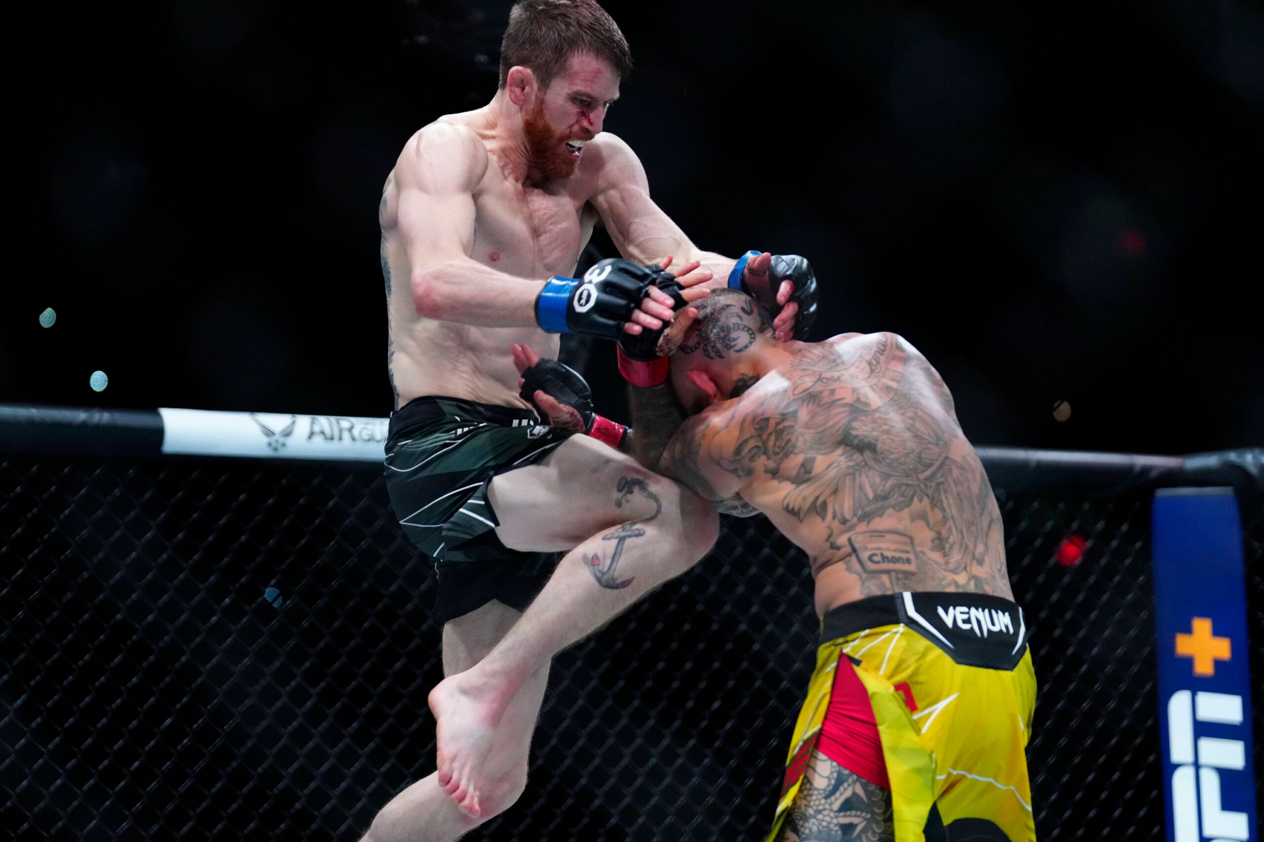 March 25, 2023, San Antonio, Texas, San Antonio, Texas, USA: SAN ANTONIO, TEXAS - MARCH 25: (R-L) Cory Sandhagen kicks Marlon Vera in their Bantamw...