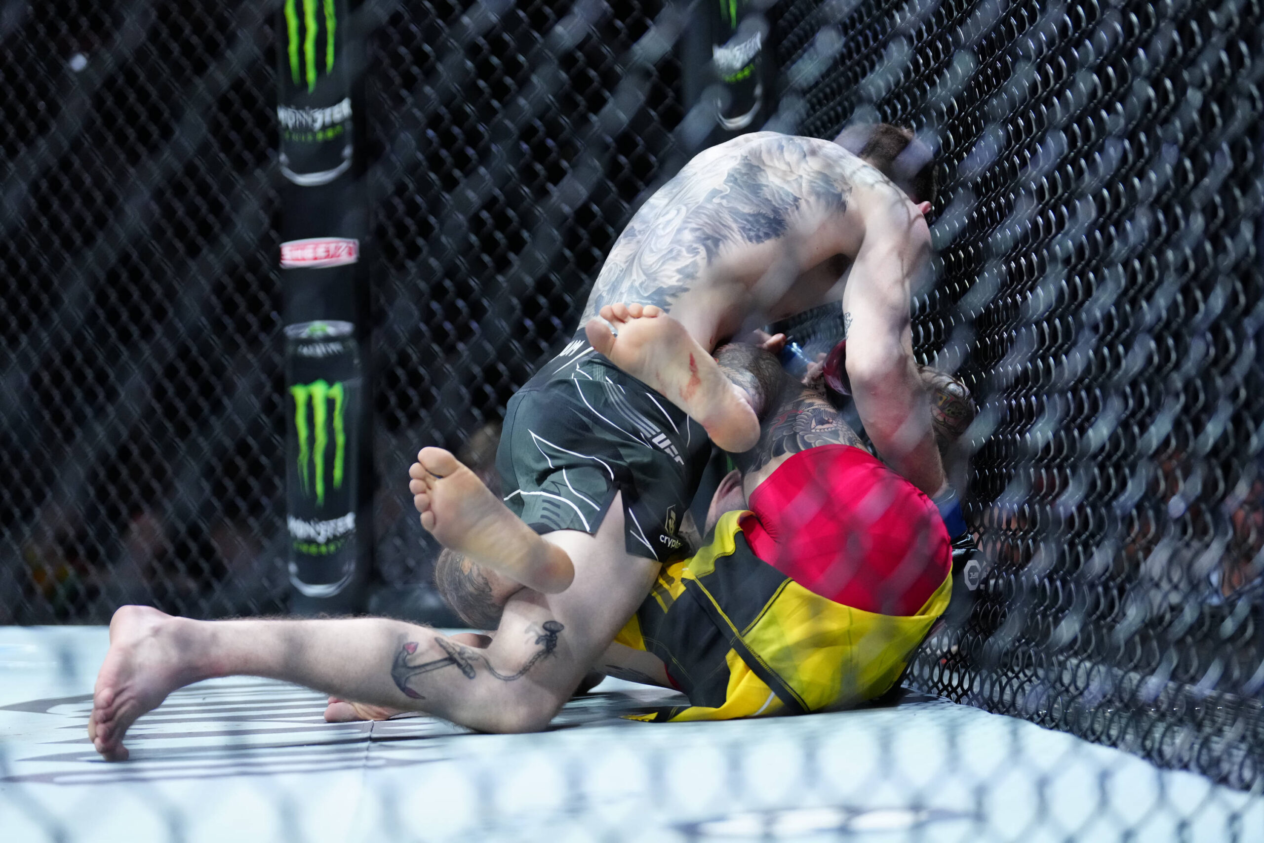 March 25, 2023, San Antonio, Texas, San Antonio, Texas, USA: SAN ANTONIO, TEXAS - MARCH 25: Cory Sandhagen (top) controls the body of Marlon Vera i...