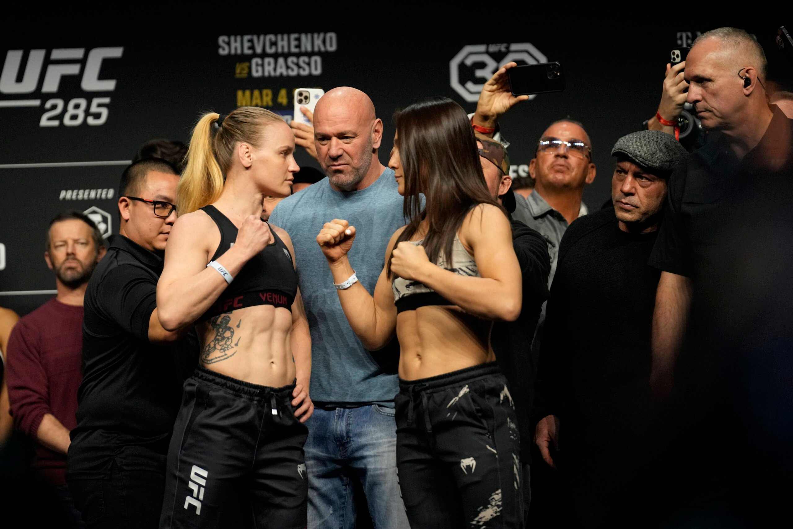 March 3, 2023, Las Vegas, NV, LAS VEGAS, NEVADA, United States: LAS VEGAS, NV - March 3: (L) Valentina Shevchenko and Alexa Grasso face-off at the ...