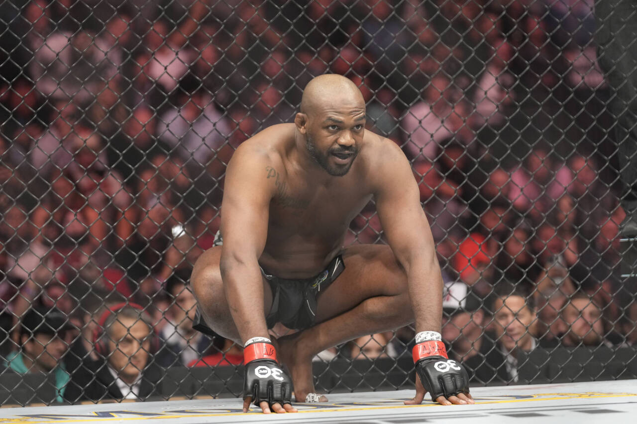 March 4, 2023, Las Vegas, NV, LAS VEGAS, NV, USA: LAS VEGAS, NV - MARCH 4: Jon Jones prepares to fight Ciryl Gane in their Heavyweight fight during...