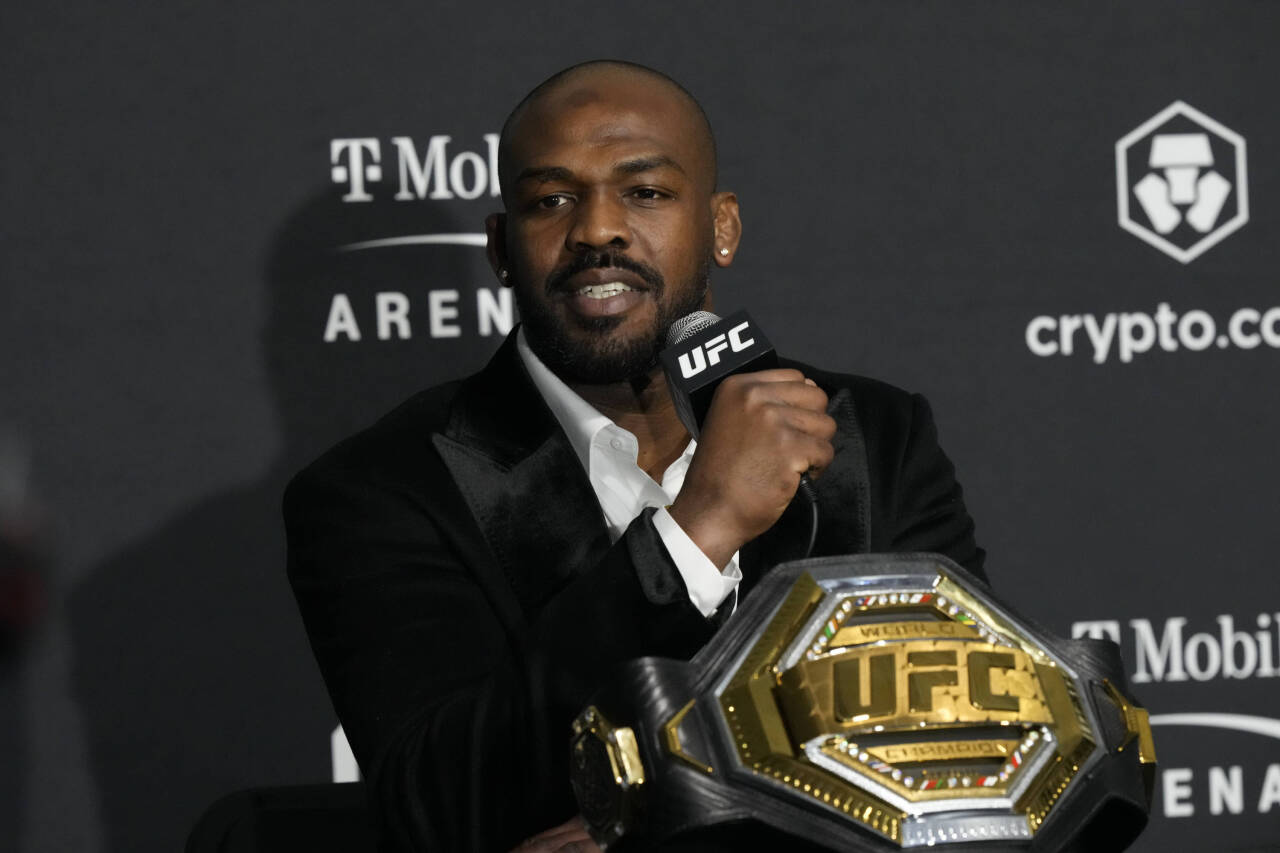 March 5, 2023, Las Vegas, NV, LAS VEGAS, NEVADA, United States: LAS VEGAS, NV - March 5: Jon Jones meets with the media following his win over Cyri...