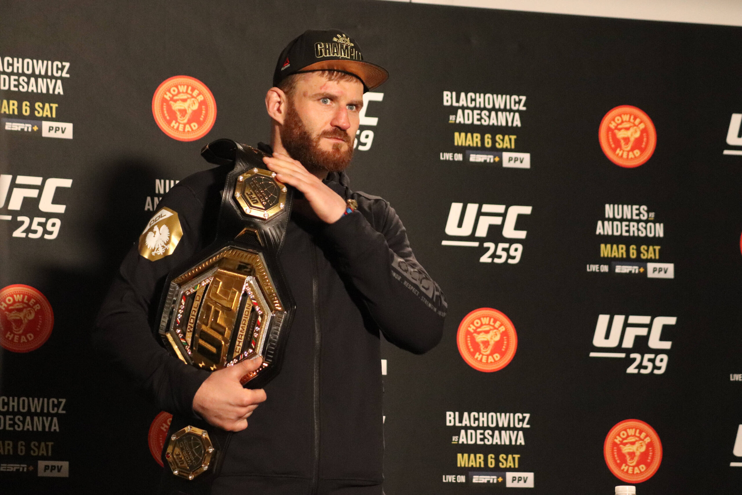 March 6, 2021, Las Vegas, Nevada, Las Vegas, NV, United States: Las Vegas, NV - March 6: Jan Blachowicz interacts with media after the UFC 259 Blac...