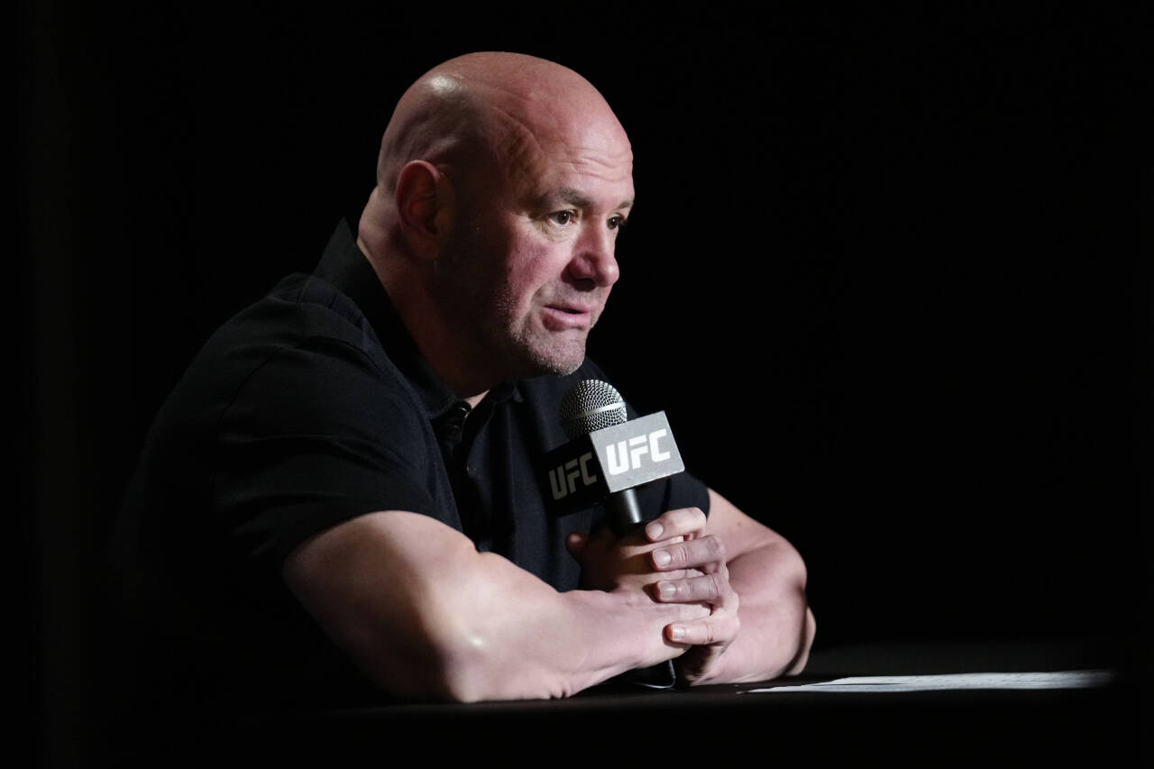 May 20, 2023, LAS VEGAS, LAS VEGAS, NV, United States: LAS VEGAS, NV - May 20: Dana White speaks with the press following the event at UFC Apex for...