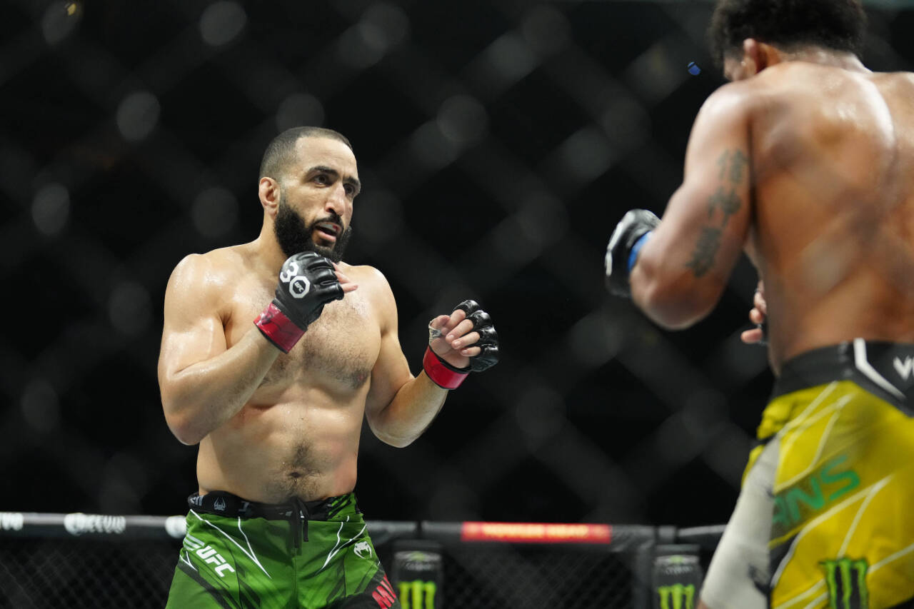 May 6, 2023, Newark, NJ, Newark, NJ, United States: Newark, NJ - May 6: (L-R) Belal Muhammed and Gilbert Burns compete in a Welterweight bout at UF...