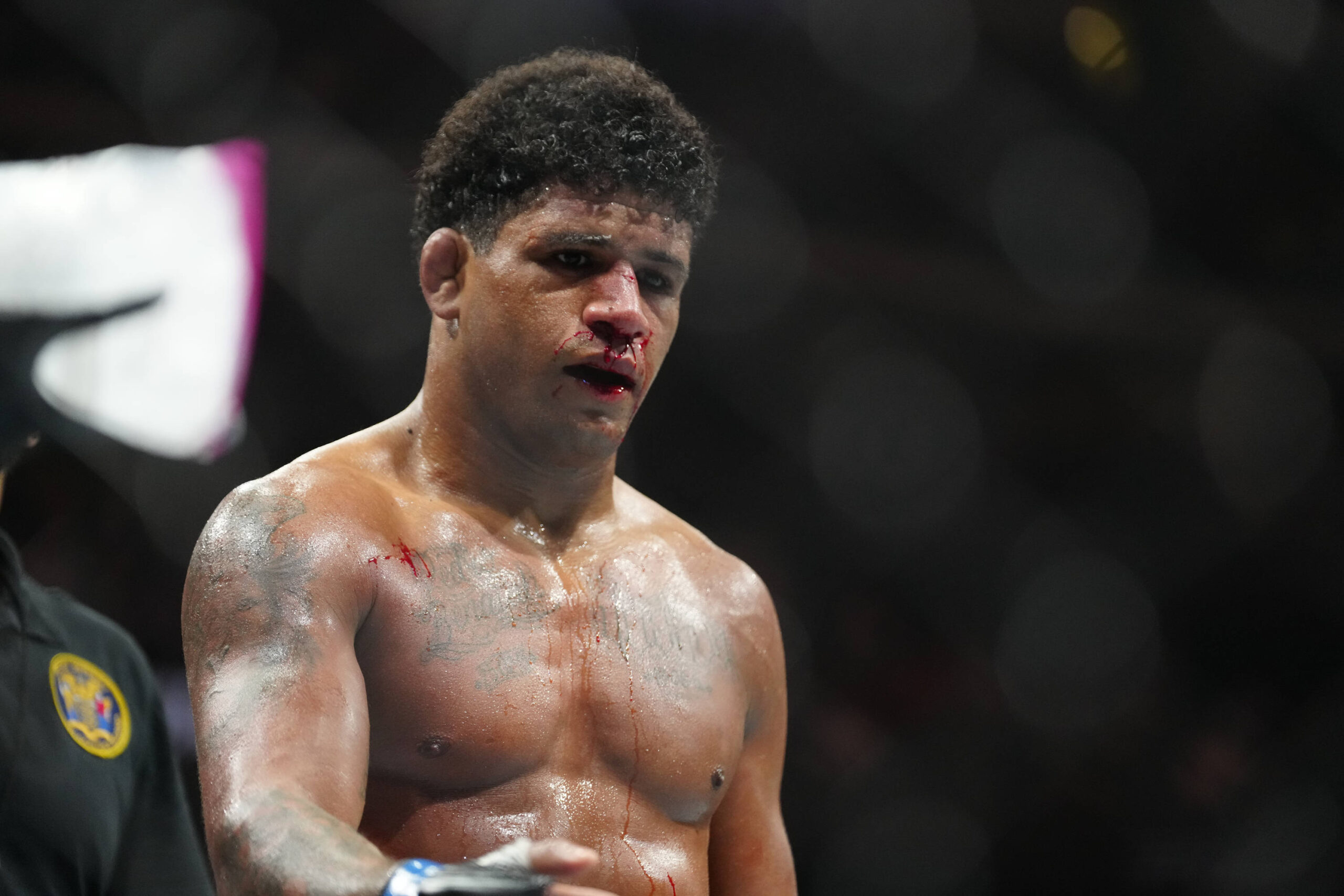 May 6, 2023, Newark, NJ, Newark, NJ, United States: Newark, NJ - May 6: Gilbert Burns reacts after his loss to Belal Muhammad in a Welterweight bou...