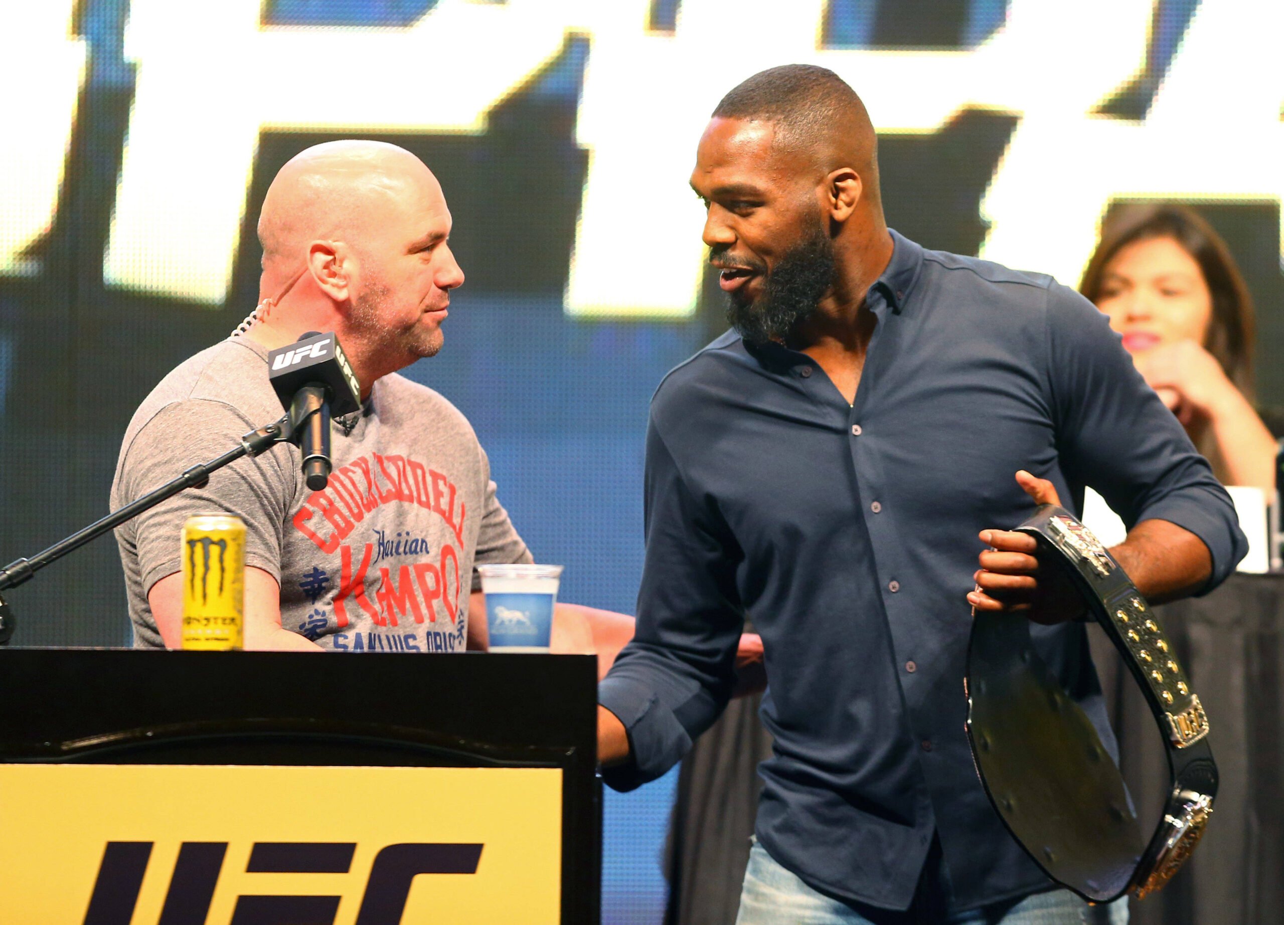 MMA: UFC 196-Weigh Ins, Mar 4, 2016; Las Vegas, NV, USA; UFC president Dana White (left) greets fighter Jon Jones during a press conference, PK, Pr...