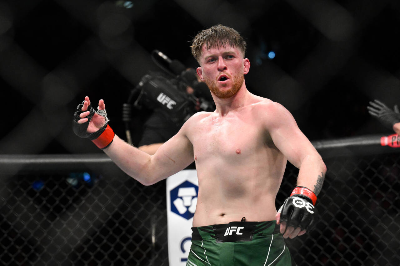 MMA: UFC 286 - Shore vs Amirkhani Mar 18, 2023; London, UNITED KINGDOM; Jack Shore (red gloves) reacts after defeating Makwan Amirkhani (not pictur...