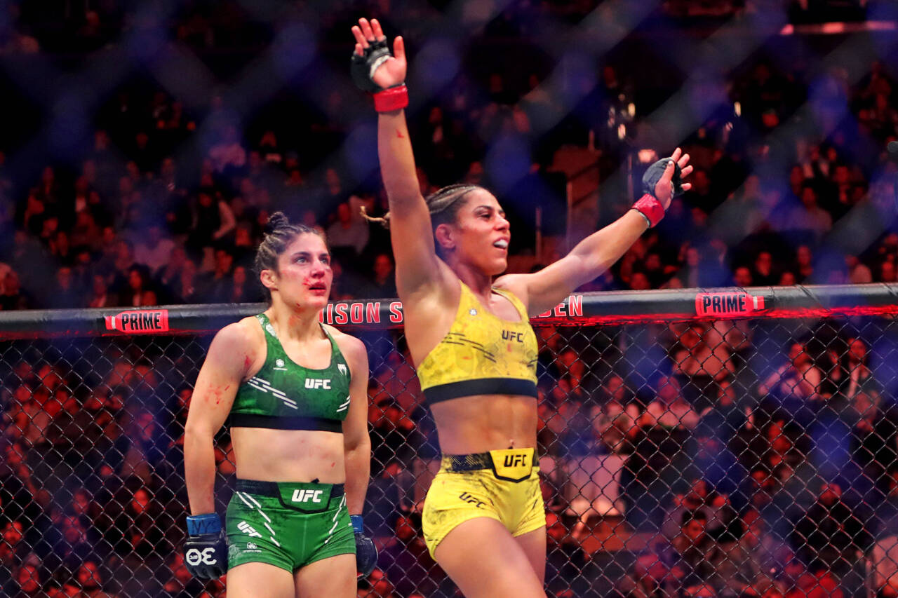 MMA: UFC 295 - Ricci vs Godinez Nov 11, 2023; New York, NY, USA; Tabatha Ricci (red gloves) reacts after fighting Loopy Godinez (blue gloves) durin...