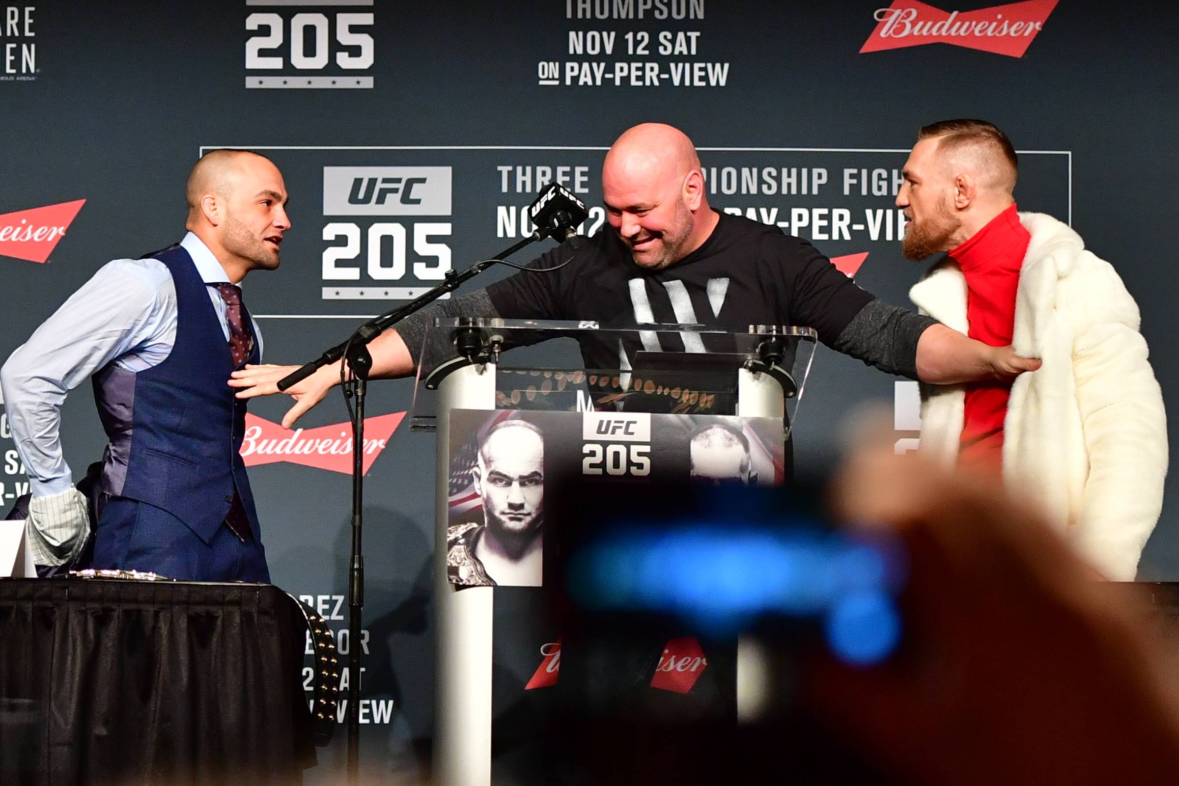Nov 10, 2016 - New York, New York, U.S. - Conor McGregor and Eddie Alvarez during press conference PK Pressekonferenz UFC 205 for the fans and medi...