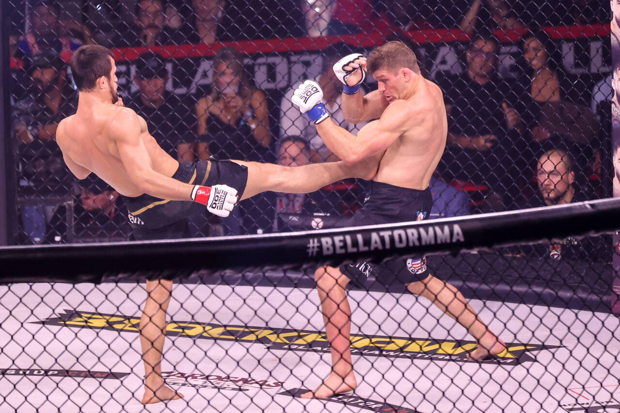 October 7, 2023: (L-R) Lightweight Champion Usman Nurmagomedov kicks Brent Primus during their fight at the Bellator 300 event at Pechanga Arena on...