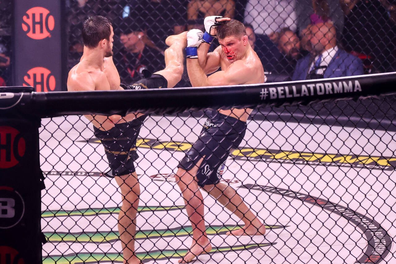 October 7, 2023: (L-R) Lightweight Champion Usman Nurmagomedov kicks Brent Primus during their fight at the Bellator 300 event at Pechanga Arena on...
