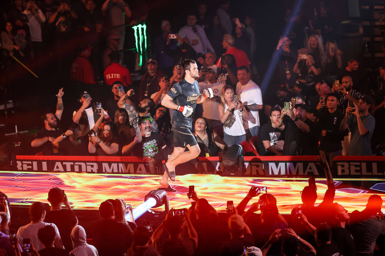 October 7, 2023: Lightweight Champion Usman Nurmagomedov runs down the walkway prior to his fight at the Bellator 300 event at Pechanga Arena on Oc...