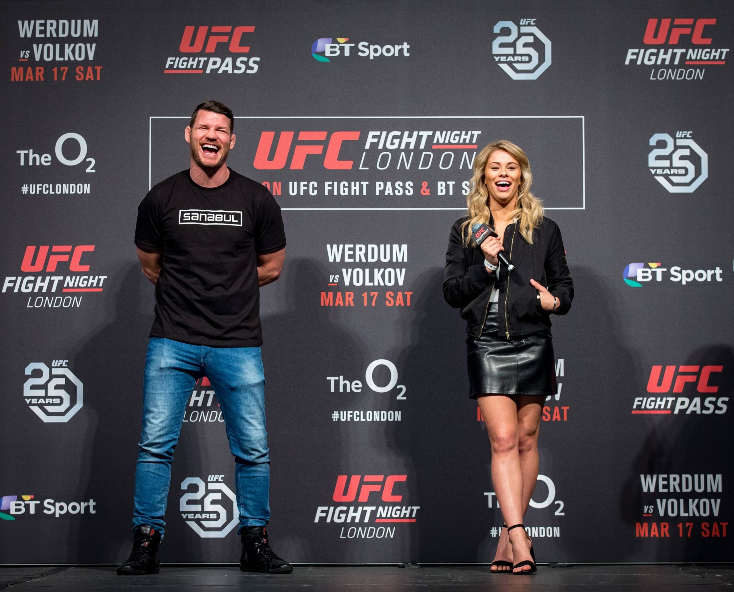 Paige VanZant & Michael Bisping during the Q&A after the UFC Fight Night 127 London Weigh In s at the O2, London, England on 16 March 2018. PMI-189...