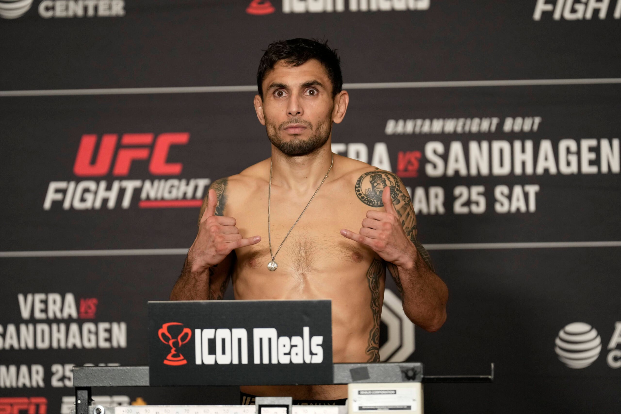 SAN ANTONIO, TX - March 24: Alex Perez steps on the scale for the official weigh-ins at Westin San Antonio North for UFC Fight Night - Vera vs Sand...