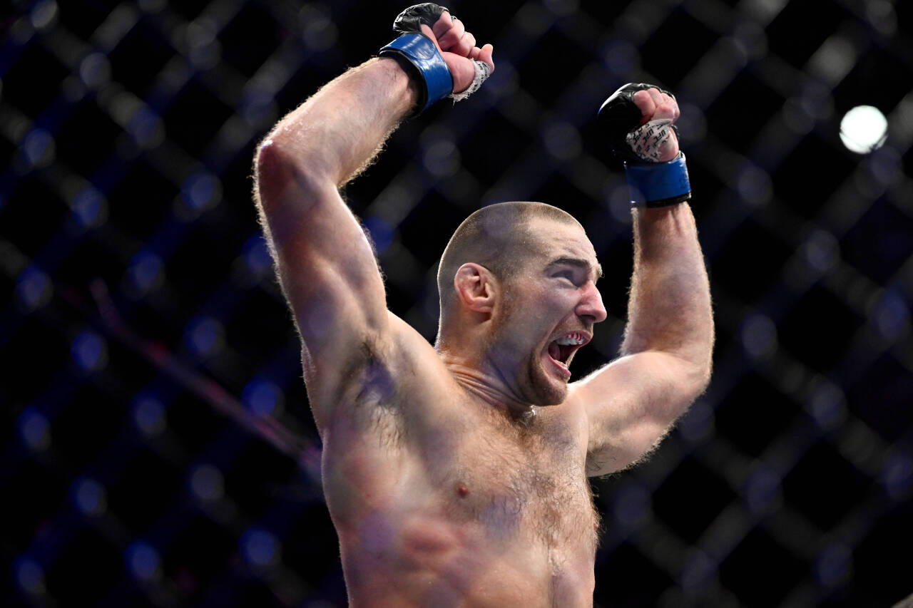 UFC 293 SYDNEY, Sean Strickland of the USA reacts after defeating Israel Adesanya of Nigeria during the Middleweight Title bout of UFC 293 at Qudos...