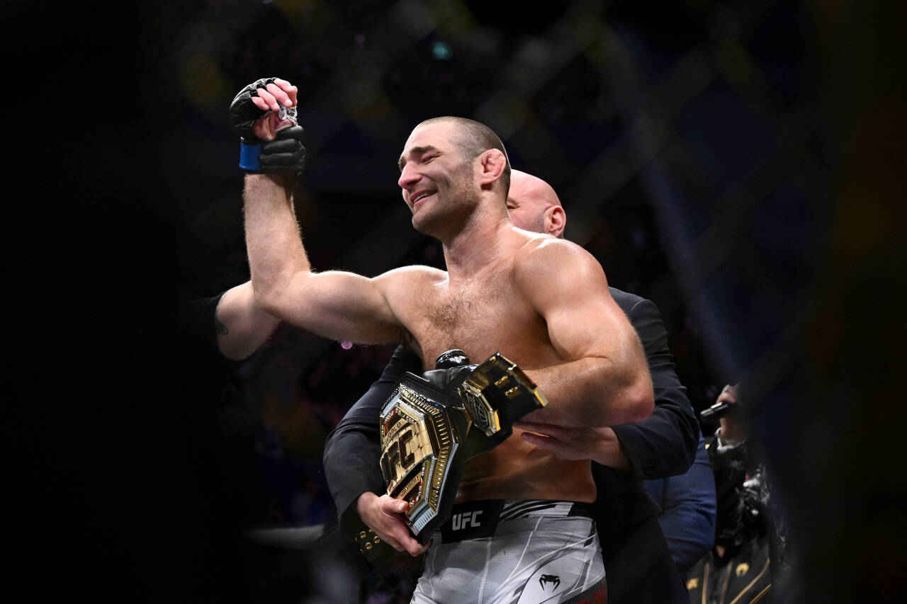 UFC 293 SYDNEY, Sean Strickland of the USA reacts after defeating Israel Adesanya of Nigeria during the Middleweight Title bout of UFC 293 at Qudos...