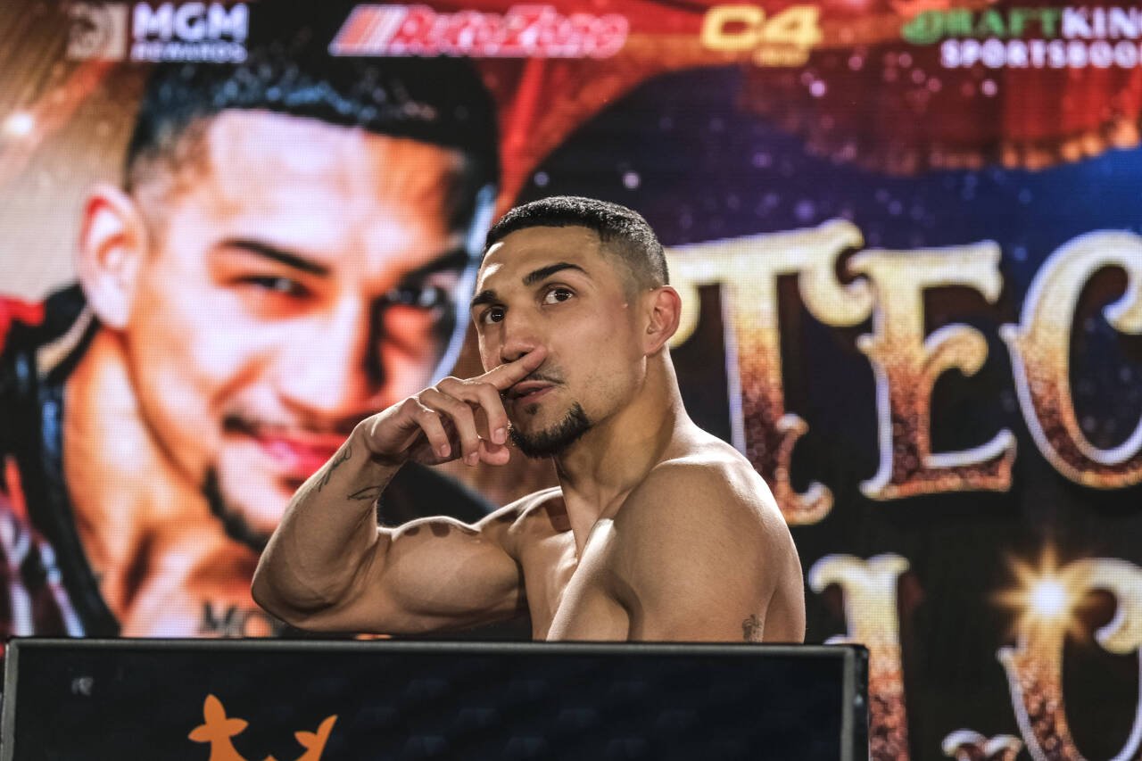 February 7, 2024, Las Vegas, Nevada, USA: Teofimo Lopez poses after making weight for his for his super lightweight title defense against Teofimo L...