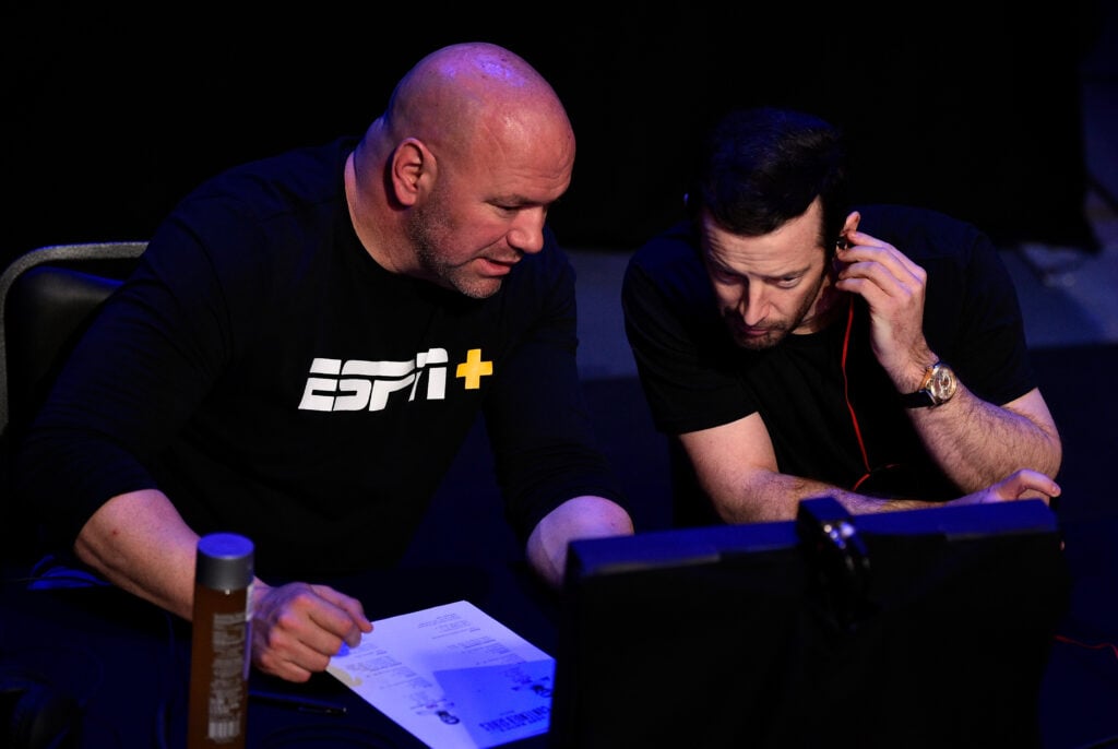 Dana White adjudicating on Brendan Loughnane (not pictured) after his fight on DWCS