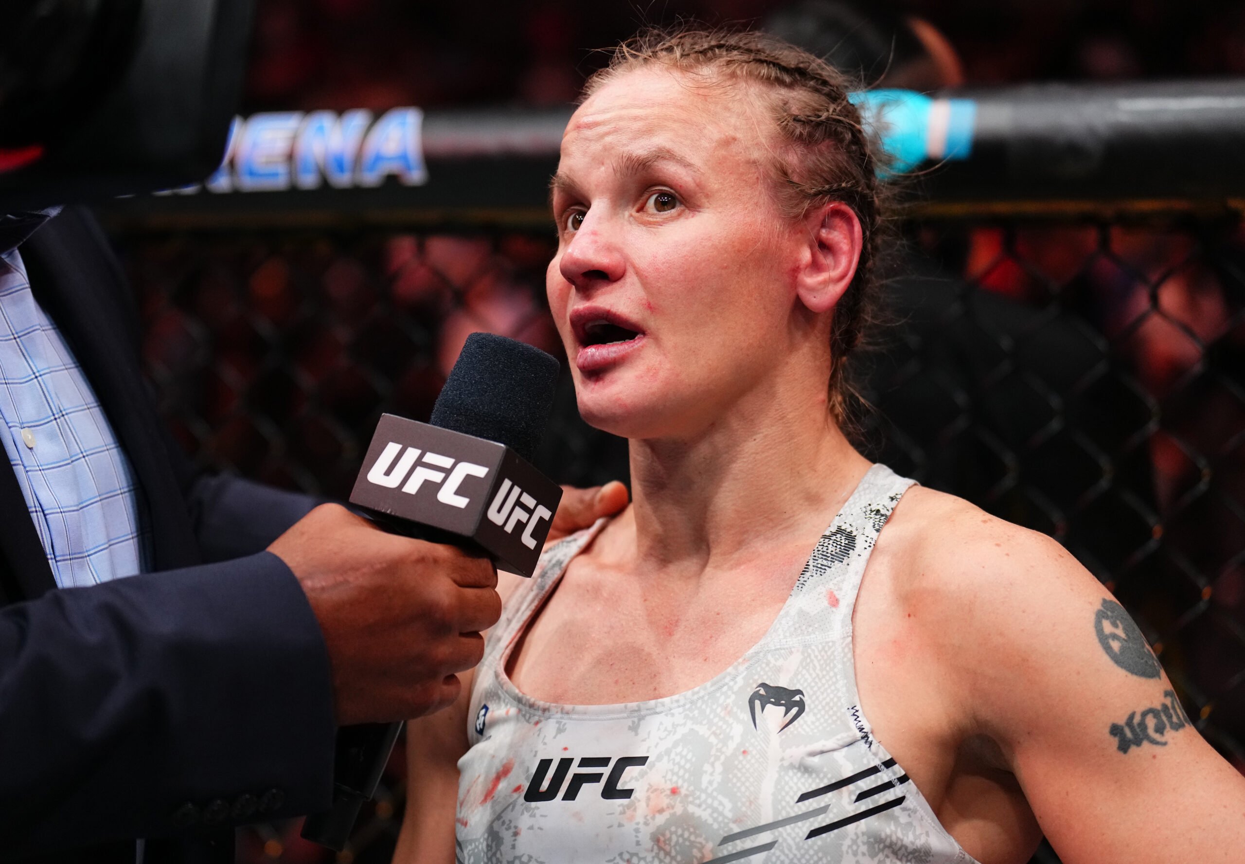 Valentina Shevchenko of Kyrgyzstan reacts after fighting to a draw against Alexa Grasso of Mexico in the UFC flyweight championship fight during th...