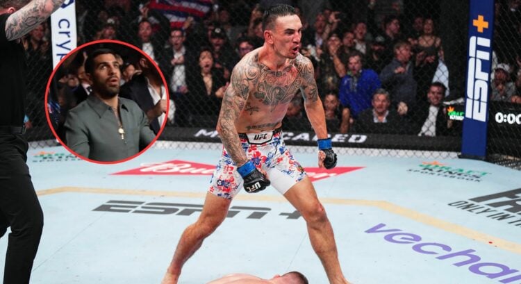 Shocked Ilia Topuria reacts as Max Holloway scores one of the greatest KOs of all time against Justin Gaethje