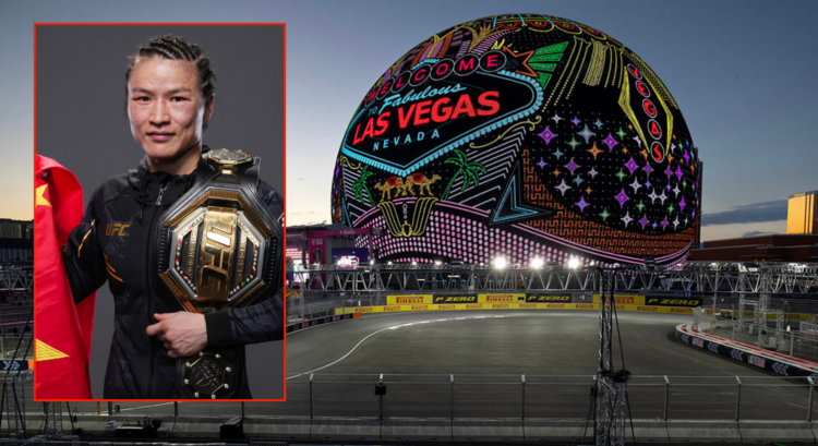 Side by side of The Sphere in Las Vegas and Zhang Weili