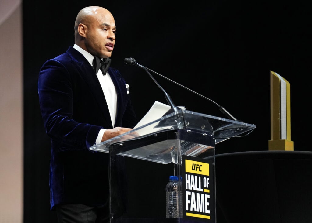 Ali Abdelaziz inducts his friend Khabib Nurmagomedov into the UFC Hall of Fame during the UFC Hall of Fame induction ceremony at T-Mobile Arena on ...