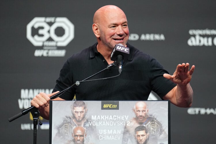 UFC CEO Dana White hosts the UFC 294 press conference at Etihad Arena on October 19, 2023 in Abu Dhabi, United Arab Emirates.