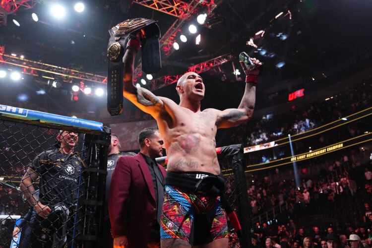 Alex Pereira of Brazil exits the Octagon in the UFC light heavyweight championship fight during the UFC 300 event at T-Mobile Arena on April 13, 20...