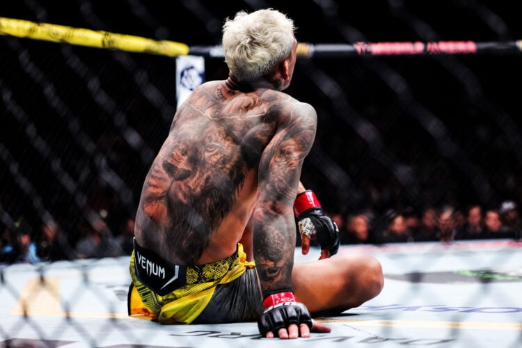 Charles Oliveira of Brazil looks on against Arman Tsarukyan in their lightweight fight at T-Mobile Arena on April 13, 2024 in Las Vegas, Nevada.