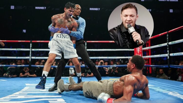Ryan Garcia being held back by a referee after dropping Devin Haney in their boxing match - with Conor McGregor in a bubble to the right of Garcia