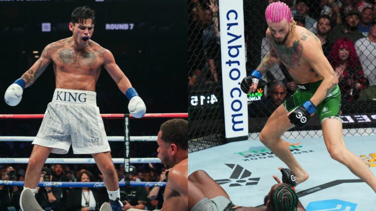 Left: Ryan Garcia in white shorts and boxing gloves stands above Devin Haney after knocking him down Right: Sean O'Malley with blue tape on his bla...
