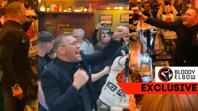 Three photos of Conor McGregor in a black suit at a party, with a tag reading Bloody Elbow EXCLUSIVE in the bottom right corner