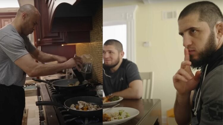 Composite image showing Ali Abdelaziz cooking a meal in the left slide and Islam Makhachev eating the mean in the right slide