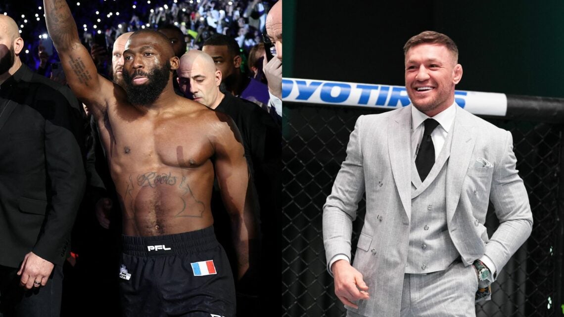 Composite image Right: Cedric Doumbe in black PFL gear raises his hand aloft Left: Conor McGregor wearing a grey suit in a UFC cage laughs