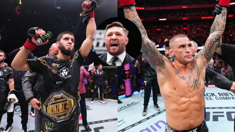 Composite image showing Islam Makhachev and Dustin Poirier both celebrating UFC wins, with Conor McGregor in a bubble in the middle