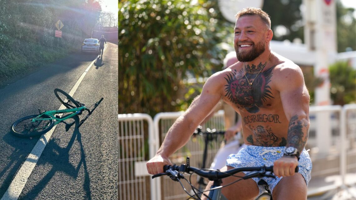 (l) A bike strewn on the road and a car in the distance with a man standing outside it. (r) Conor McGregor cycling his bike shirtless in floral blu...