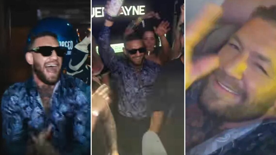 Composite image showing three slides of Conor McGregor enjoying a party at The Black Forge Inn