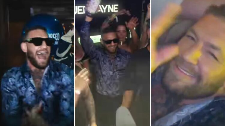 Composite image showing three slides of Conor McGregor enjoying a party at The Black Forge Inn