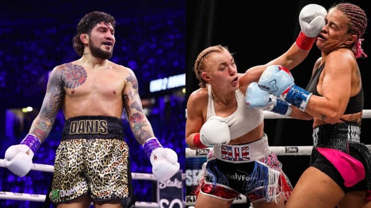 Composite image showing Dillon Danis on the left slide and a boxing match between Elle Brooke and Paige VanZant on the right