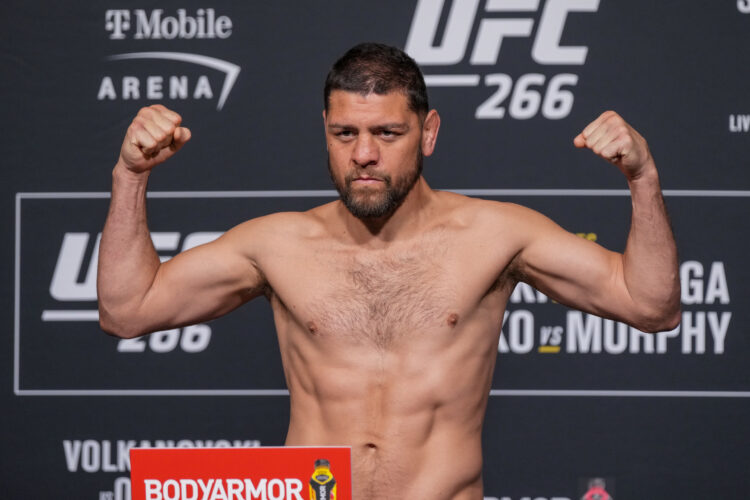 Nick Diaz steps on the scale for the official weigh prior for UFC 266 - Volkanovski vs Ortega - Official Weigh-ins on September 24, 2021, at UFC Ap...