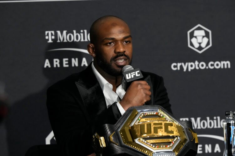 Jon Jones meets with the media following his win over Cyril Gane at T-Mobile Arena for UFC 285 -Jones vs Gane : Event on March 5, 2023 in Las Vegas...